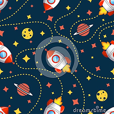 Seamless cosmic pattern with rocket, saturn, moon and star. Space pattern on dark background Vector Illustration